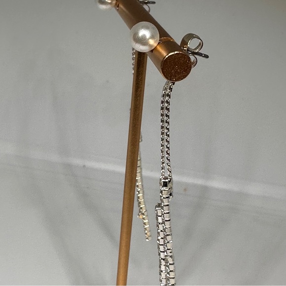 Silver Crystal Pearl Tassel Drop Earrings Long Rhinestone Bridal Prom - Picture 3 of 13